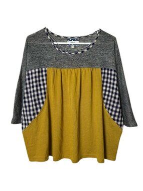 Anthropologie comme toi twee plaid patchwork mixed media top S rustic